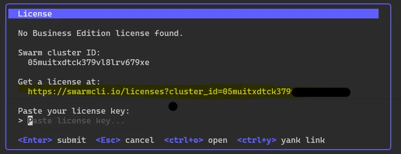 SwarmCLI license activation screen