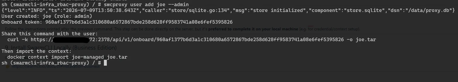 SwarmCLI proxy user add