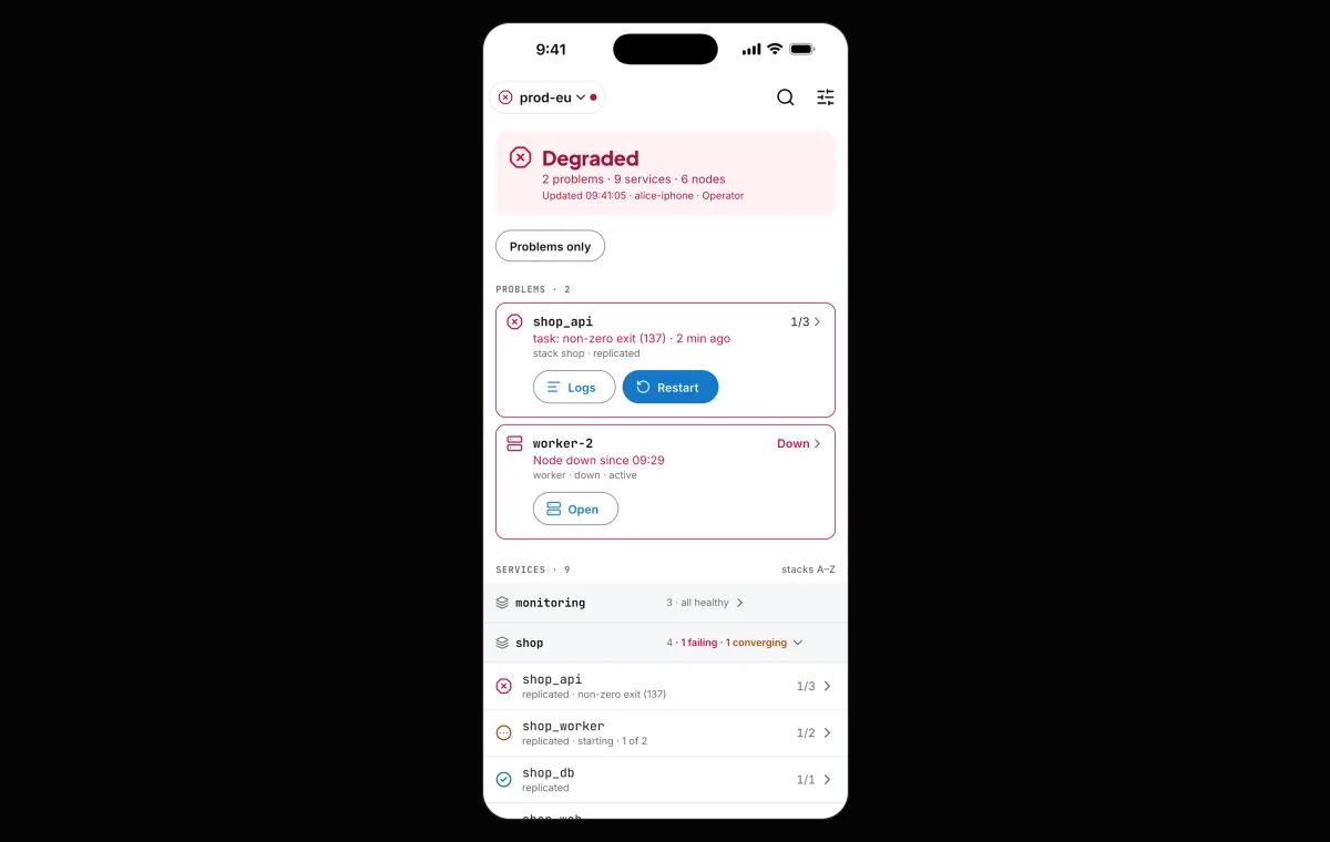 The SwarmCLI app's home screen: problems first, then every service by stack