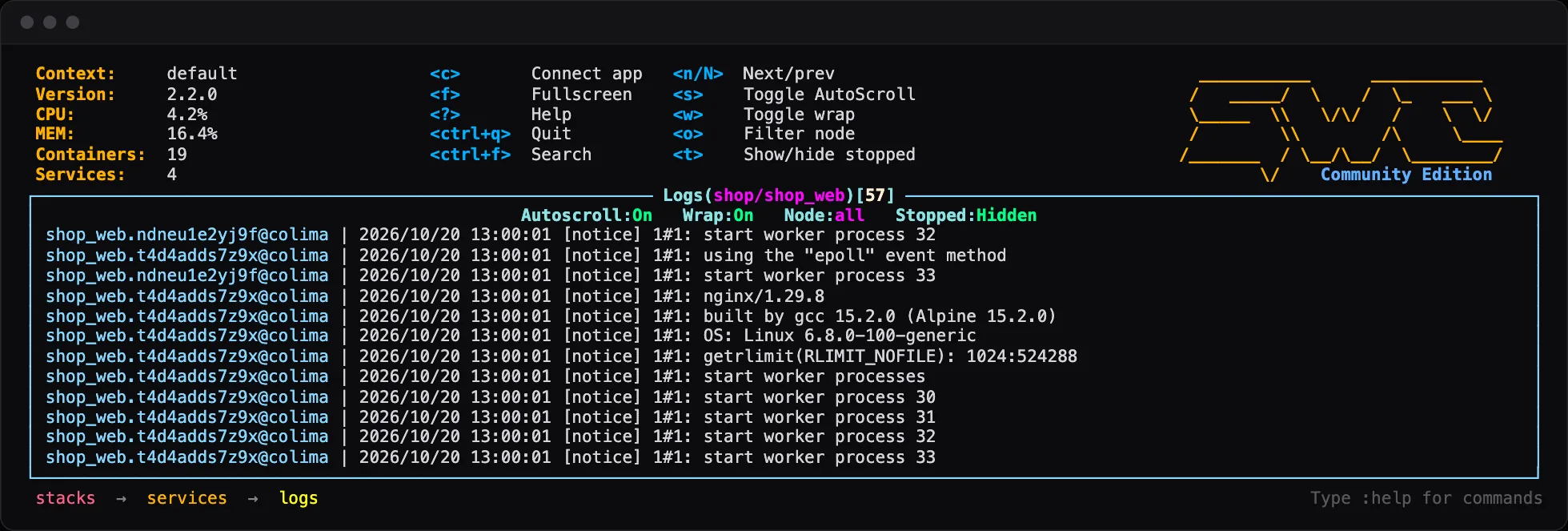 SwarmCLI streaming the logs of every replica of a service