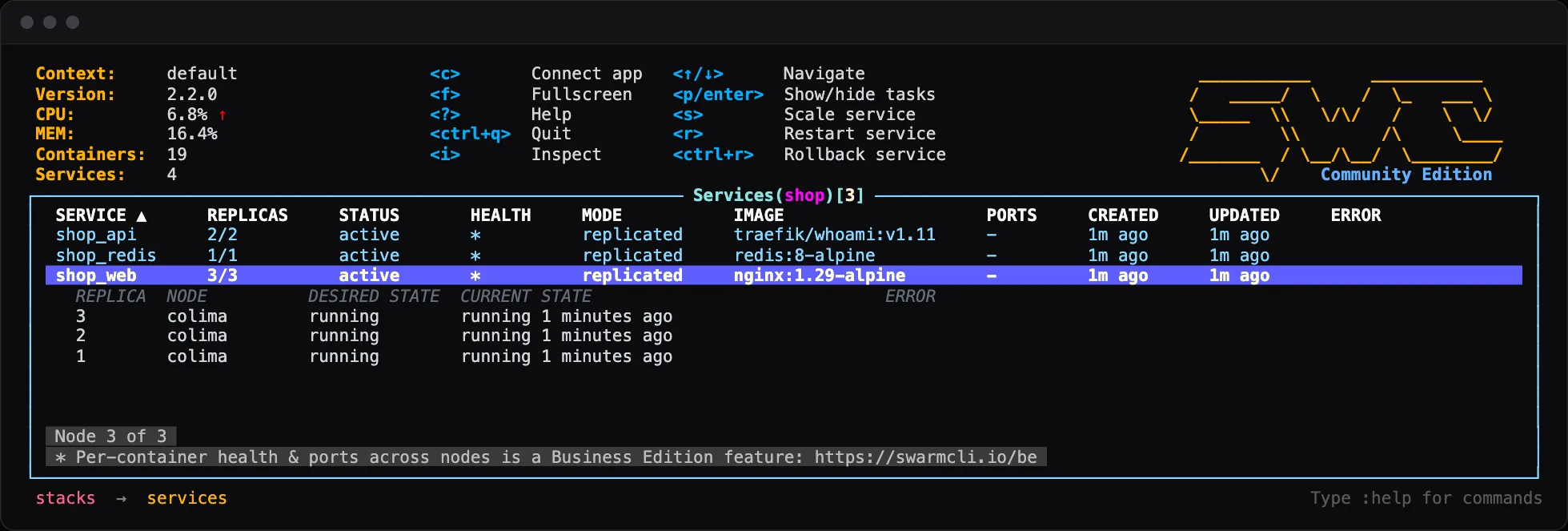 SwarmCLI showing the services of a stack, one of them expanded to its tasks